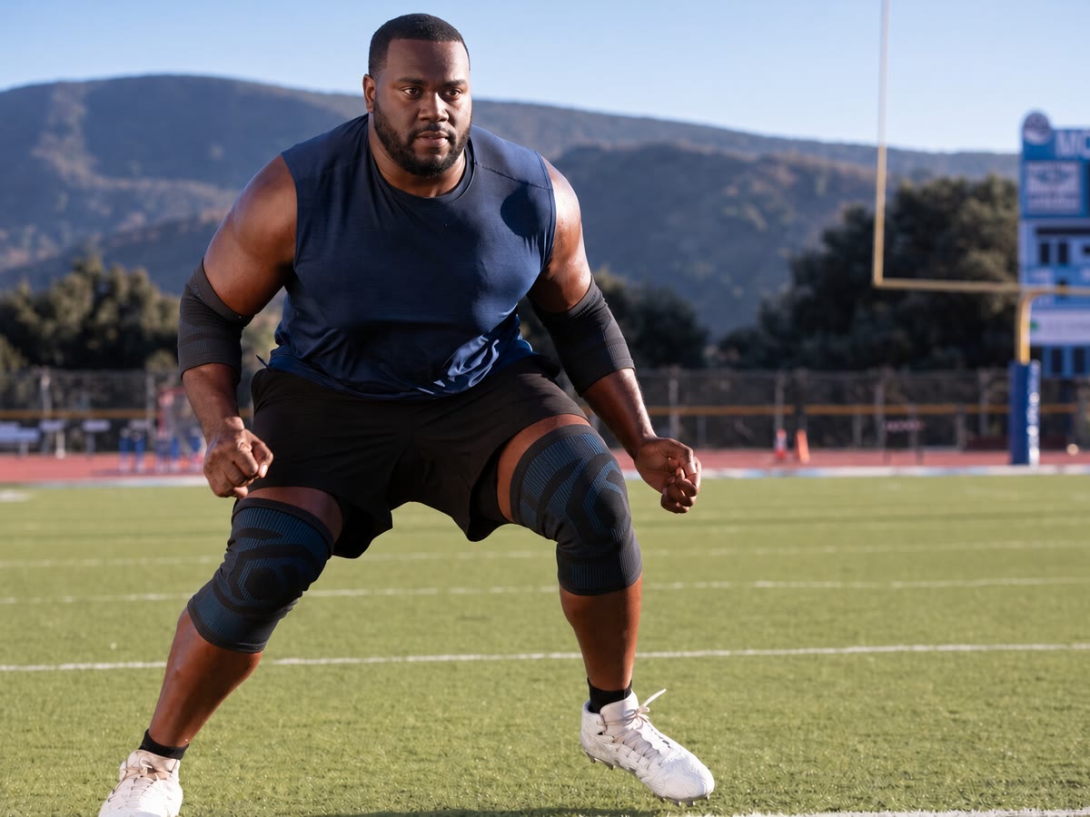 Football player in a training stance wearing Copper Fit knee and elbow compression sleeves